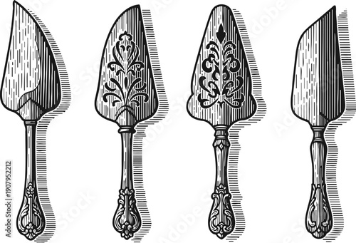 Vintage ornate cake server set with intricate floral patterns and decorative handles