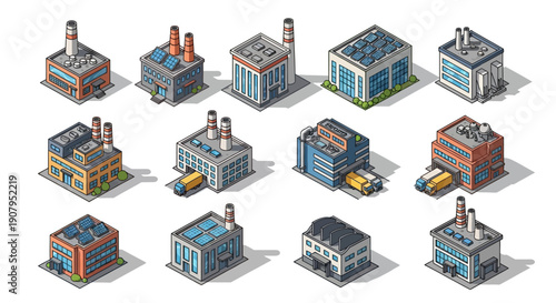 Isometric collection of industrial buildings and factories with solar panels and loading docks, representing manufacturing and energy production