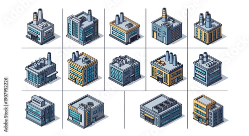 Isometric industrial factory and warehouse buildings collection for urban planning and architecture design projects