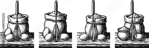 baking ingredients and utensils with eggs, whisk, flour sack on wooden surface, hand drawn vintage kitchen illustration