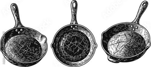 Vintage frying pans set hand drawn cast iron skillets with textured surfaces and wooden handles