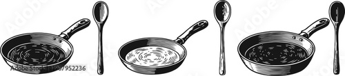 three black and white frying pans with cooking spoons, kitchen utensils collection, vintage cookware