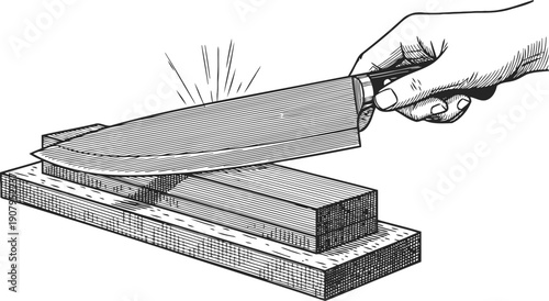 Hand using knife sharpening stone to hone blade edge with precise sharpening technique