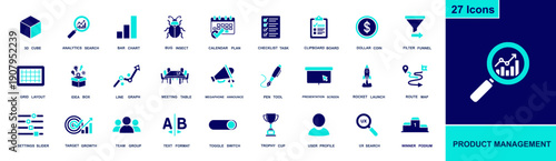 Product management icon set. Containing analytics, roadmap, A/B test, calendar, checklist, meeting, rocket, charts, UX search, funnel, team and more. Solid fill vector icons collection.