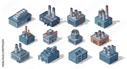 Isometric industrial factory buildings and production facilities, a collection of urban manufacturing structures for industry
