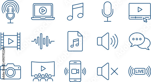 Audio and video streaming line icons set, podcast, music, cinema, live broadcast, recording, vector media symbols for interface