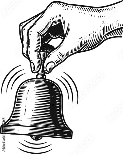 Hand ringing a bell with vibration lines, vintage engraved illustration