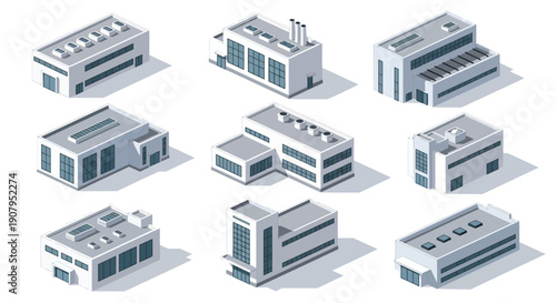 Collection of Isometric Industrial Buildings and Factories for Architectural and Urban Planning Concepts