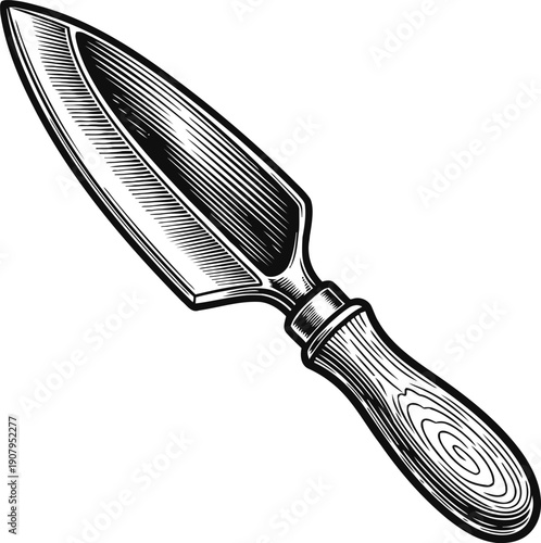 Garden trowel with wooden handle, hand tool for digging, planting, and soil work