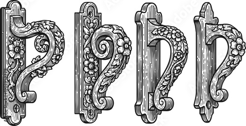 ornate vintage door handles set with floral patterns and intricate carved details