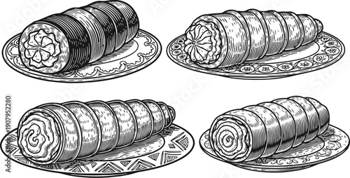 Delicious rolled cakes assortment on decorative plates, vintage hand drawn dessert illustrations