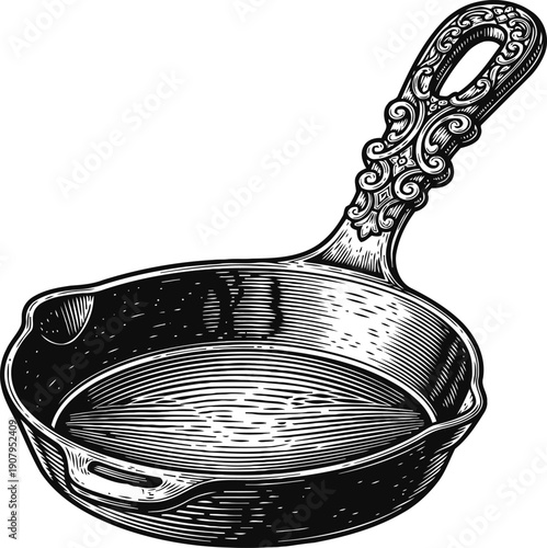 Vintage cast iron skillet with ornate handle engraving, rustic kitchen cookware illustration