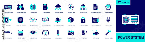 Power system icon set. Containing generator, UPS battery, solar panel, server rack, router, plug, switch, cooling fan, thermometer, lock, camera and more. Solid fill vector icons collection