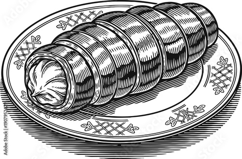 Traditional cannoli dessert on decorative plate in vintage engraved illustration