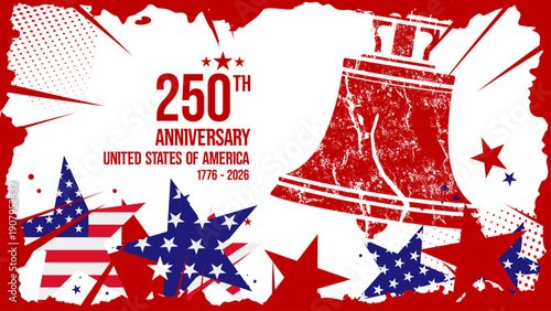 250th Anniversary United States of America with liberty bell and flag, banner, poster, vector illustration