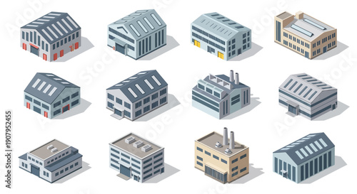 Isometric illustration of various industrial buildings and factories, perfect for construction, manufacturing, and business themes