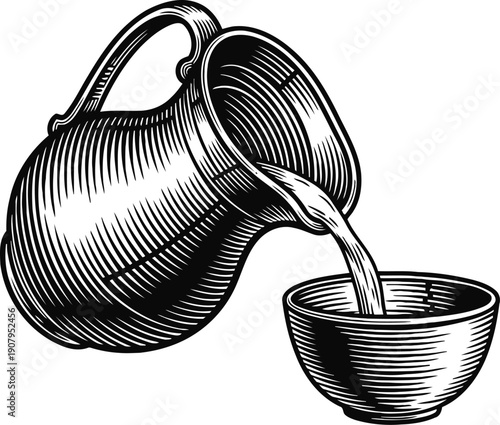 Vintage jug pouring liquid into a cup hand drawn black and white kitchenware illustration