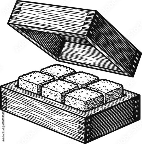Wooden box with six textured sugar cubes inside, vintage sketch illustration