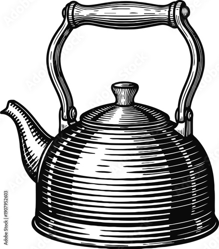 Vintage teapot with wooden handle, classic kettle illustration with spout and lid, kitchen utensil design