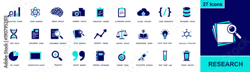 Research icon set. Containing analytics, atom, brain, camera, checklist, clipboard, cloud, code, database, DNA, documents, magnifier, telescope, lab and more. Solid fill vector icon set