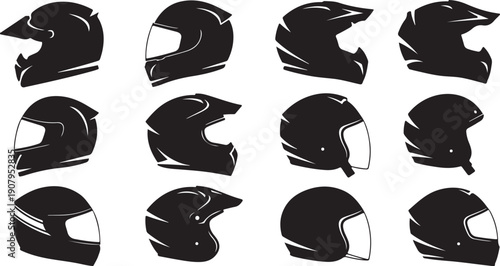 Collection of various motorcycle helmets in black color