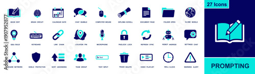 Prompting icon set. Containing chat, text input, keyboard, microphone, robot, settings, refresh, link, document, folder, globe, shield, team, warning and more. Solid fill icons collection
