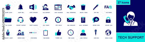 Tech support icon set. Containing call center, headset, help, FAQ, mail, review, rating, folder, document, lock, alarm, calendar, mic, profile and more. Solid fill vector icons collection