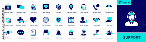 Support icon set. Containing help chat, FAQ, documents, approval stamp, bug fix, safety, analytics, charts, checklist, metrics, warning, tools and more. Solid fill vector icons collection