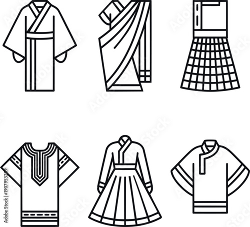 Traditional clothing from around the kimono kaftan icons set eps-10