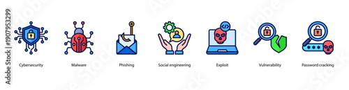 Cybersecurity Fundamentals web banner illustration featuring Cybersecurity, Malware, Phishing, Social engineering, Exploit, Vulnerability, and Password cracking.