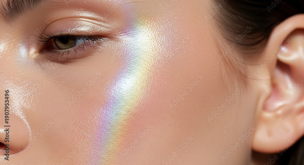 Fototapeta premium Close-up of a womans face with a rainbow light effect.