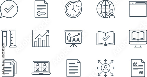 Business, education, and communication line icons set, training, analytics, document, network, science, vector symbols for interface design