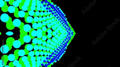 Abstract Geometric Tunnel of Glowing Circles, Blue and Green Lights, Dark Background