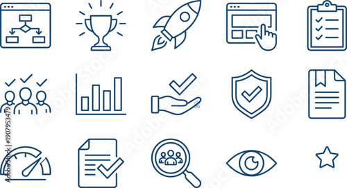 Business startup and management line icons set, success trophy, rocket launch, performance analytics, teamwork strategy, vector symbols for interface