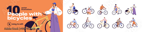 People with bicycles set. Happy girls and boys are riding. Young men and women walk rolling bike. Characters travel and do sports cycling. Flat isolated vector illustrations on white background