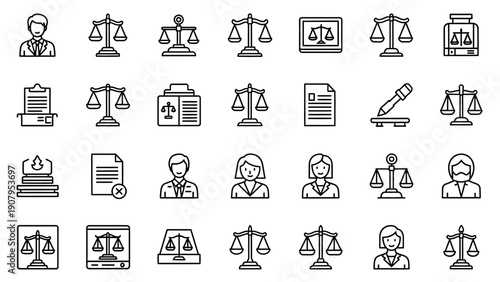 Collection of legal and justice icons in a grid layout.