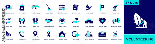 Volunteering icon set. Containing donation, charity, helping hands, heart, ribbon, shelter, medical, megaphone, wheelchair, peace dove, cleanup and more. Solid fill vector icons collection