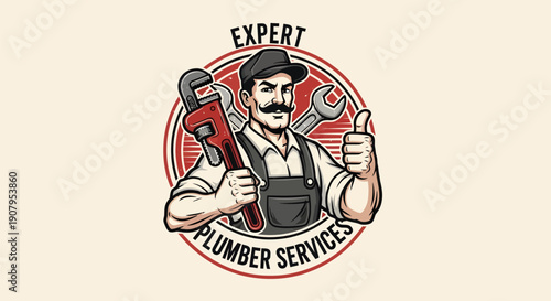 Expert Plumber Services Logo with Man Holding Wrench and Giving Thumbs Up.