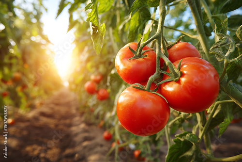 Ripe red tomatoes growing on vine in greenhouse