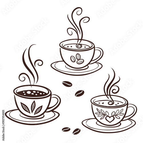 Three cups of coffee with steam and coffee beans scattered around
