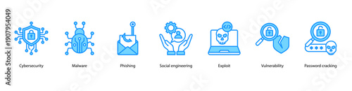 Cybersecurity Fundamentals web banner illustration featuring Cybersecurity, Malware, Phishing, Social engineering, Exploit, Vulnerability, and Password cracking.