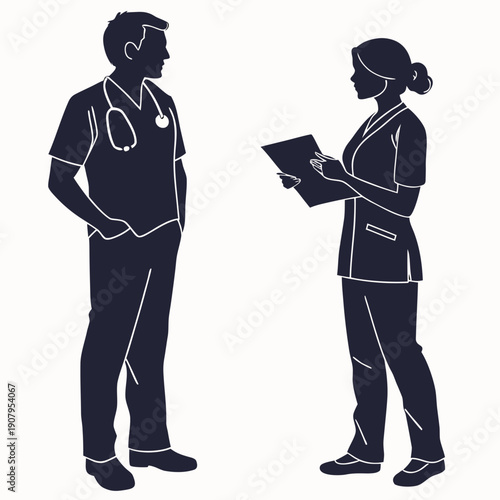 Two medical professionals discussing patient information in a hospital setting.