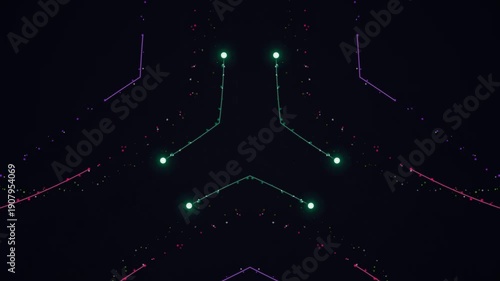 Abstract glowing geometric shapes and particles on a dark background, futuristic motion graphics