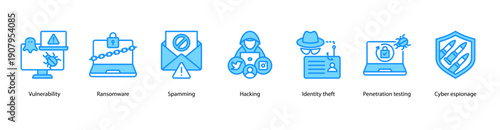 Digital Threats web banner illustration featuring Vulnerability, Ransomware, Spamming, Hacking, Identity theft, Penetration testing, and Cyber espionage.