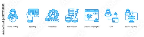 Cyber Attack Methods web banner illustration featuring Packet sniffing, Spoofing, Force attack, SQL injection, Cross-site scripting(XSS), CSRF, and Session hijacking.