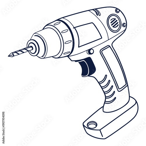 A detailed illustration of a cordless power drill with a black handle and silver body.