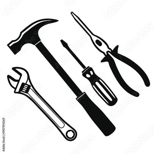 A collection of essential tools including a hammer, wrench, pliers, and screwdriver