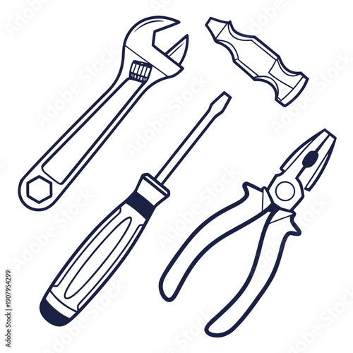A variety of hand tools including a wrench, screwdriver, pliers, and file
