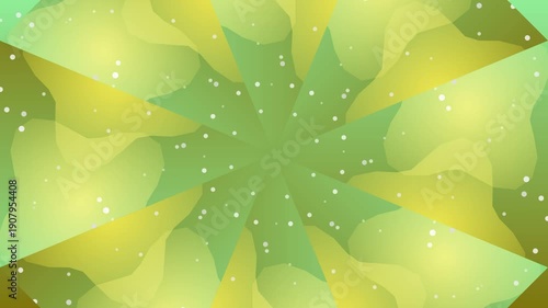 A vibrant green and yellow abstract design featuring a starburst pattern with white dots on a gradient background