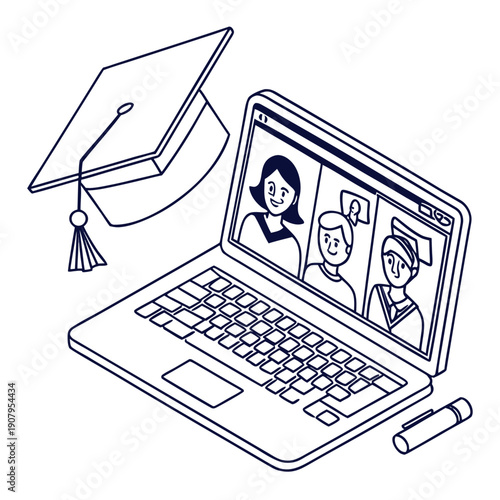 Students attending online classes with graduation cap on laptop.